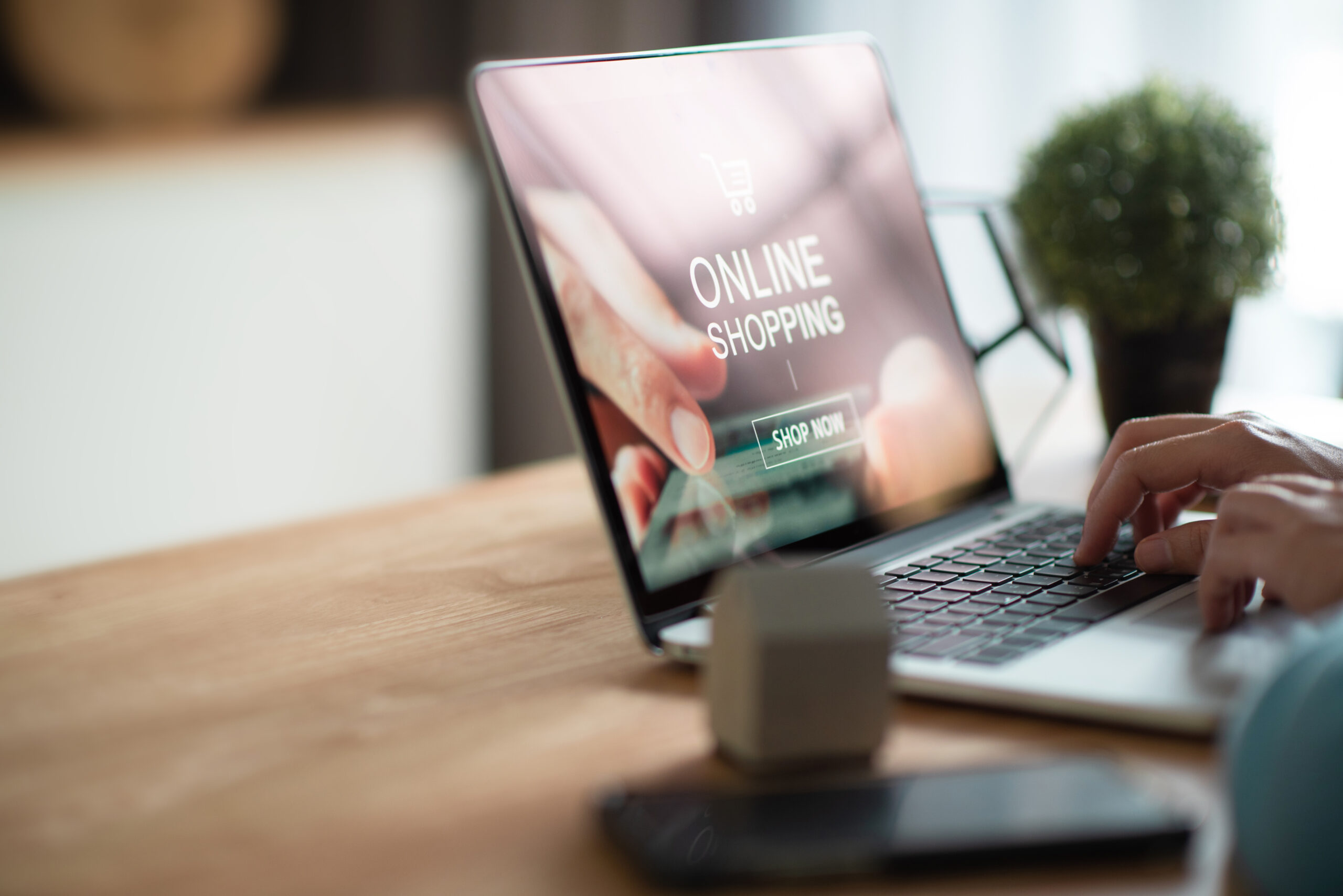 Pessoa trabalhando no laptop com tela de compras online